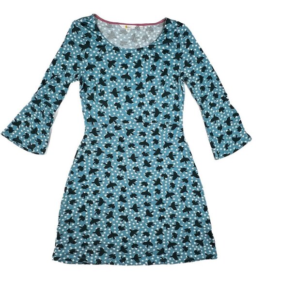Boden Crew Neck Fit and Flare Summer Mini Dress Black Birds White Stars Sx 4R - Picture 3 of 7